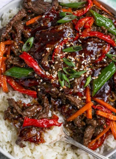 Delicious cozy Mongolian Beef served with green onions and rice