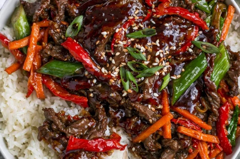 Delicious cozy Mongolian Beef served with green onions and rice