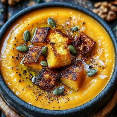 Bowl of cozy roasted butternut squash soup topped with herbs and croutons