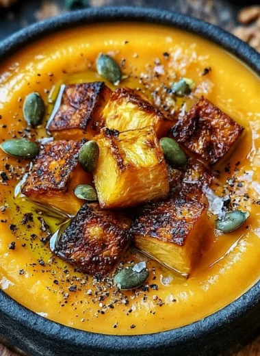 Bowl of cozy roasted butternut squash soup topped with herbs and croutons