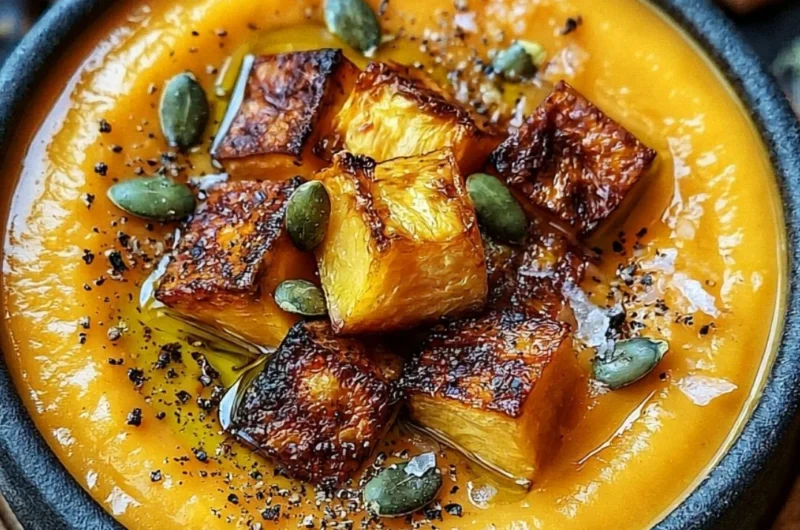 Bowl of cozy roasted butternut squash soup topped with herbs and croutons