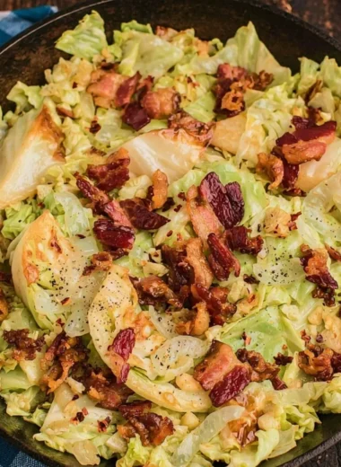 Plate of Southern Fried Cabbage with Crispy Bacon, a delicious southern side dish.