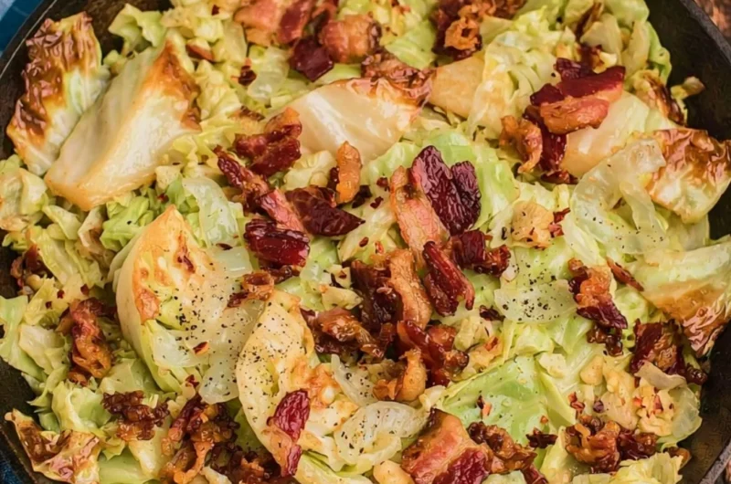 Plate of Southern Fried Cabbage with Crispy Bacon, a delicious southern side dish.
