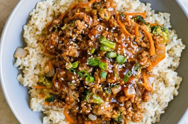 Delicious cozy teriyaki turkey rice bowl garnished with vegetables