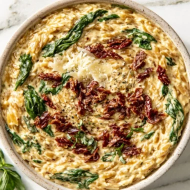 Cozy Tuscan garlic orzo served in a rustic bowl, garnished with herbs.