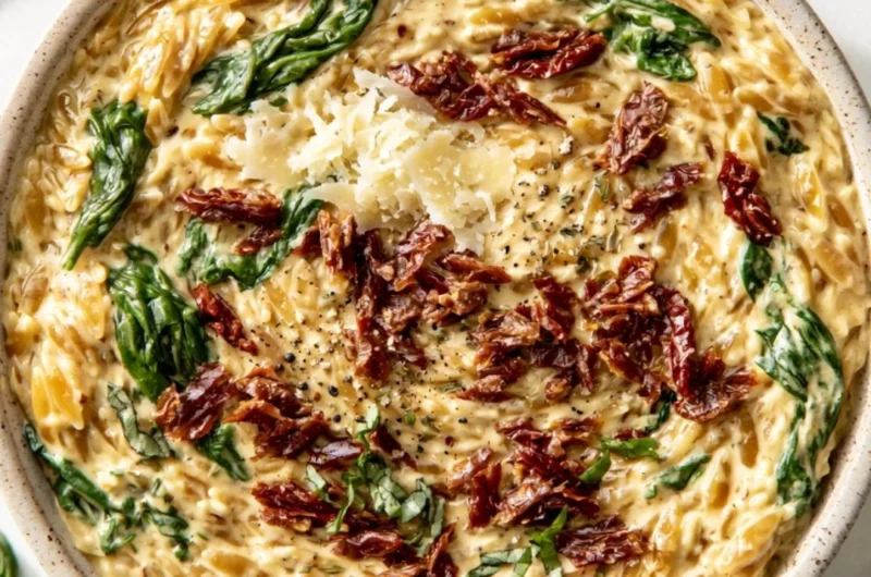 Cozy Tuscan garlic orzo served in a rustic bowl, garnished with herbs.