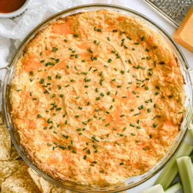 Creamy Greek Yogurt Buffalo Chicken Dip without cream cheese served in a bowl