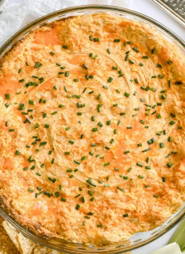 Creamy Greek Yogurt Buffalo Chicken Dip without cream cheese served in a bowl