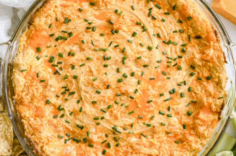 Creamy Greek Yogurt Buffalo Chicken Dip without cream cheese served in a bowl