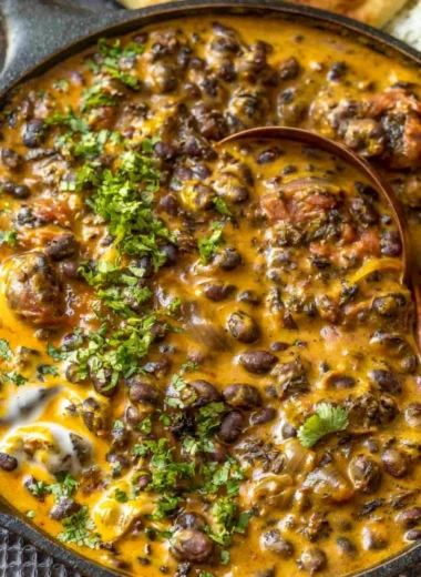 Creamy black bean curry served in a bowl with cilantro garnish