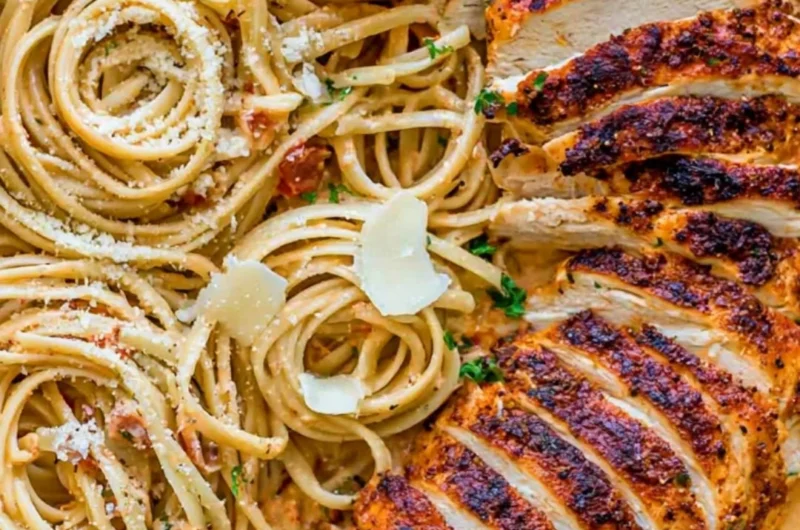 Plate of creamy Cajun chicken pasta garnished with herbs