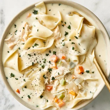 Bowl of creamy chicken soup with fresh herbs and vegetables