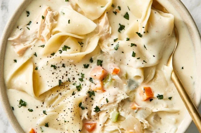 Bowl of creamy chicken soup with fresh herbs and vegetables