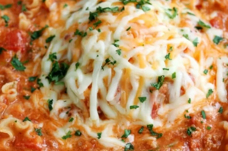 A delicious bowl of lasagna soup topped with cheese and herbs