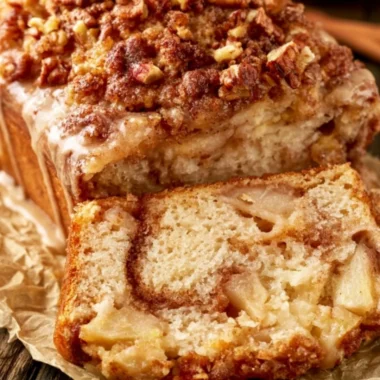 Loaf of moist cinnamon apple bread with slices on a wooden board