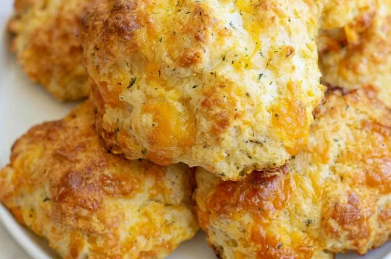 Freshly baked sourdough cheddar biscuits on a wooden table