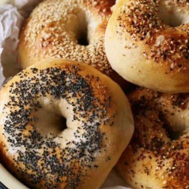 Freshly baked sourdough bagels made from sourdough discard
