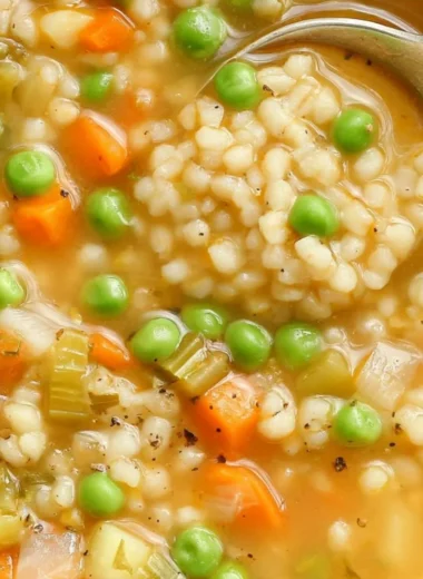 Delicious Veggie Barley Soup filled with fresh vegetables and barley grains