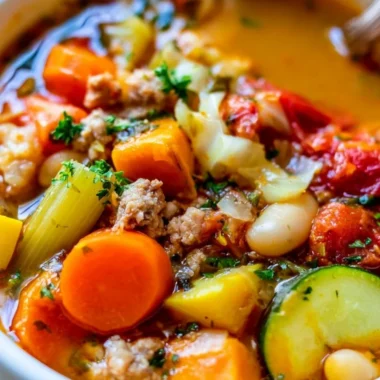 A bowl of healthy turkey vegetable soup perfect for weight loss.