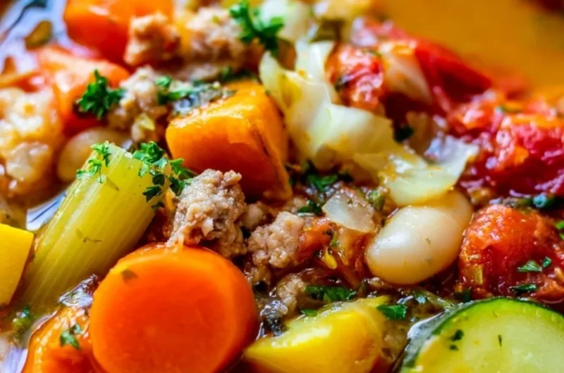A bowl of healthy turkey vegetable soup perfect for weight loss.