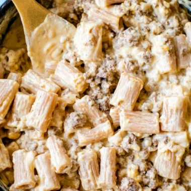 Cozy cheeseburger pasta skillet dish with cheese and ground beef