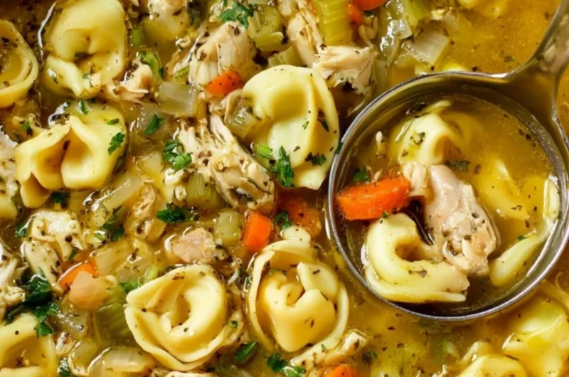 Bowl of cozy Chicken Tortellini Soup with fresh ingredients