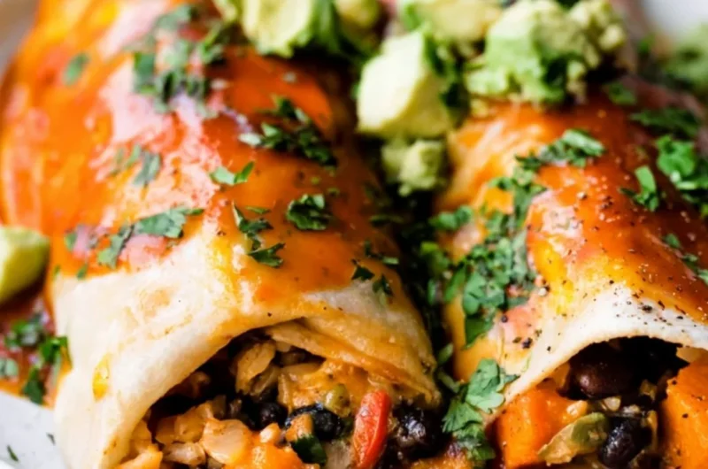 Cozy vegetarian enchiladas filled with fresh vegetables and topped with sauce.