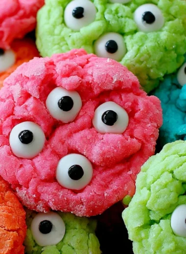Plate of gooey monster cookies with chocolate chips and colorful M&Ms