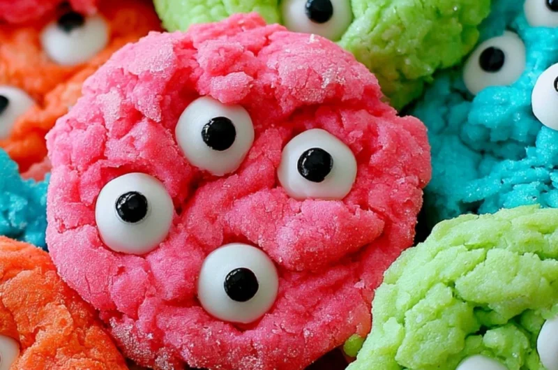 Plate of gooey monster cookies with chocolate chips and colorful M&Ms