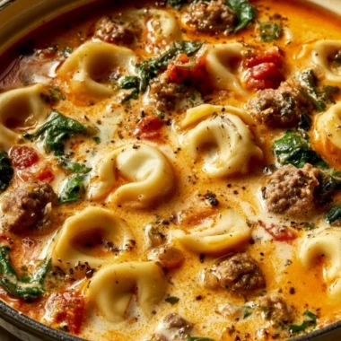 A bowl of Italian Sausage Tortellini Soup with garnishes on a wooden table.