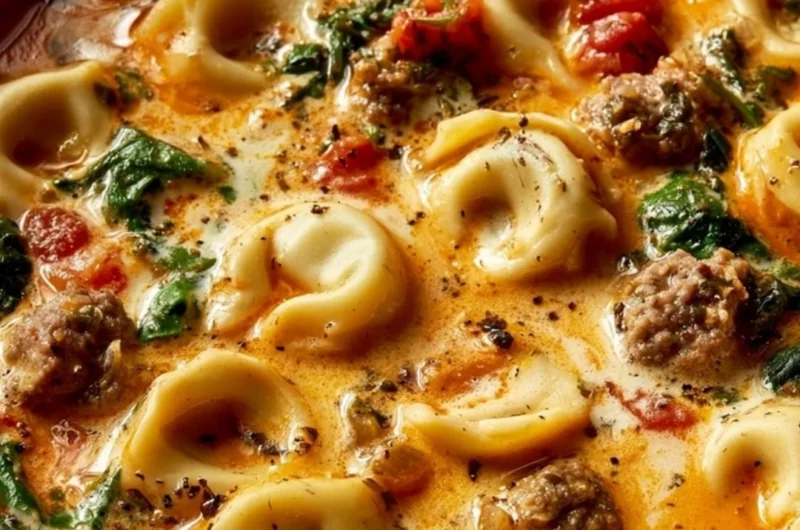 A bowl of Italian Sausage Tortellini Soup with garnishes on a wooden table.