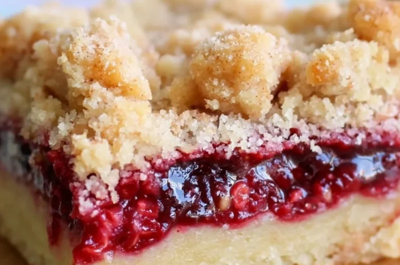 Delicious Raspberry Crumb Bars with crumbly topping and fresh raspberries.