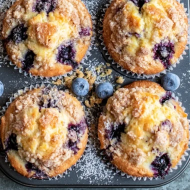 Freshly baked blueberry muffins with a golden crust and juicy blueberries