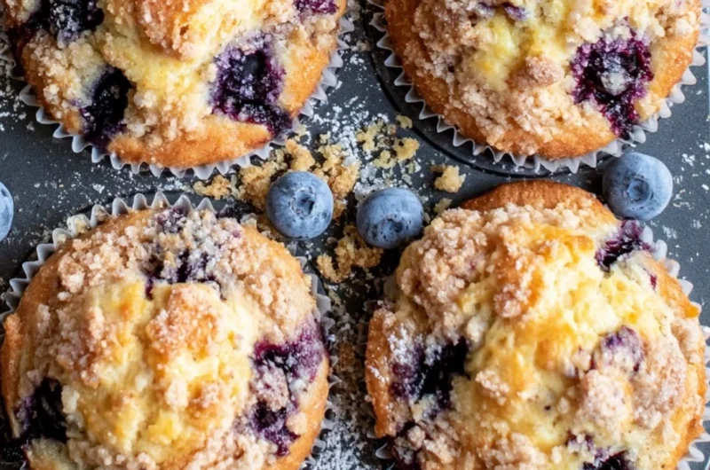 Freshly baked blueberry muffins with a golden crust and juicy blueberries