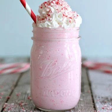 Delicious candy cane milkshakes topped with whipped cream and crushed candy canes