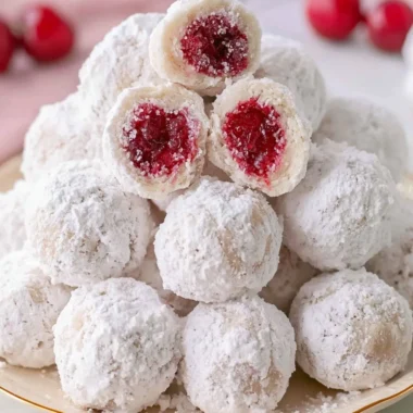 Freshly baked Cherry Snowball Cookies dusted with powdered sugar.