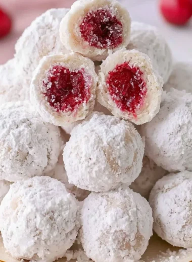Freshly baked Cherry Snowball Cookies dusted with powdered sugar.