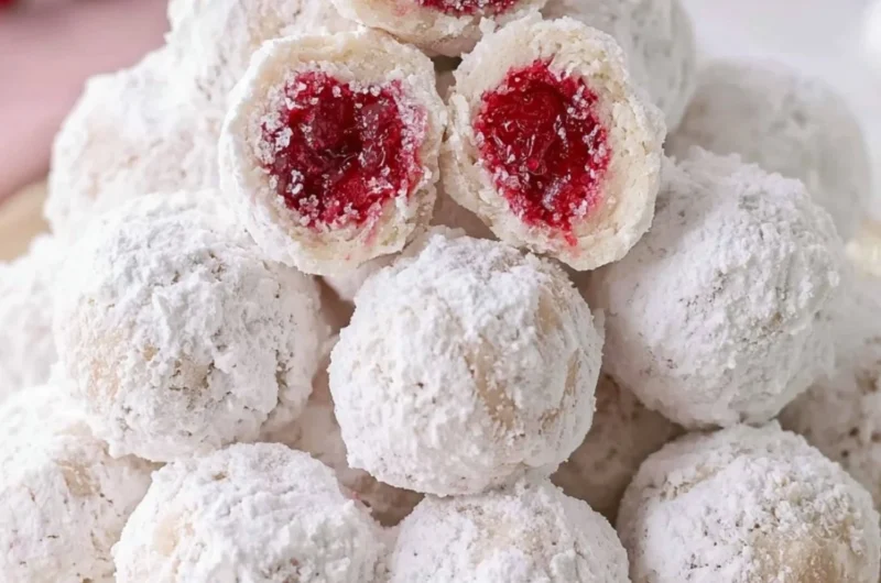 Freshly baked Cherry Snowball Cookies dusted with powdered sugar.