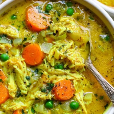 Healthy chicken soup with turmeric and ginger in a bowl, garnished with herbs.