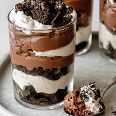 Delicious no-bake Chocolate Parfait dessert layered in a glass