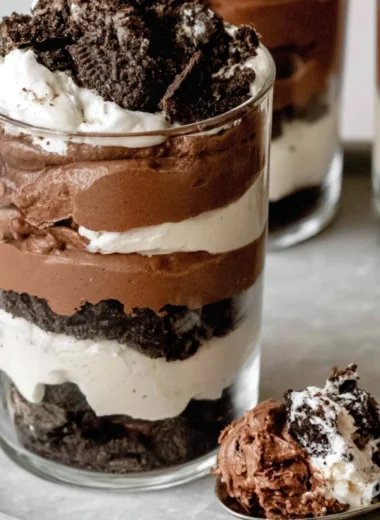 Delicious no-bake Chocolate Parfait dessert layered in a glass