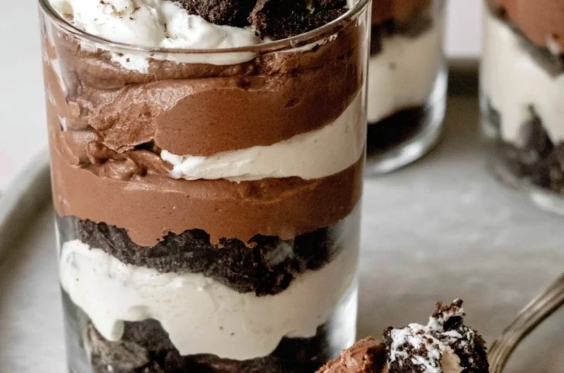 Delicious no-bake Chocolate Parfait dessert layered in a glass