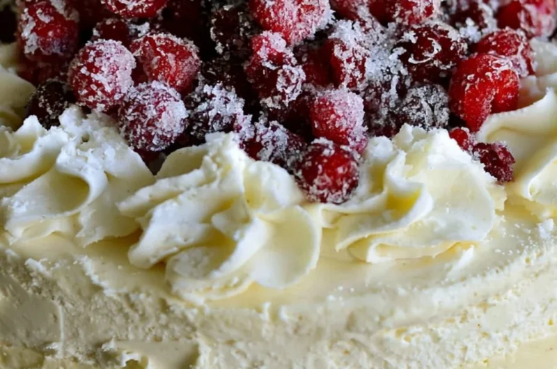 Festive Christmas cheesecake topped with cranberry jam and white chocolate mousse