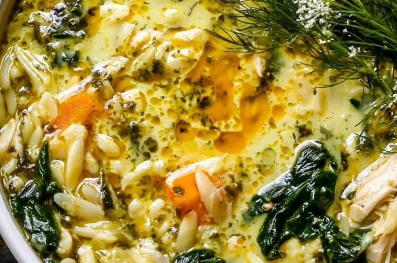 Creamy turmeric lemon chicken and orzo soup garnished with fresh herbs.