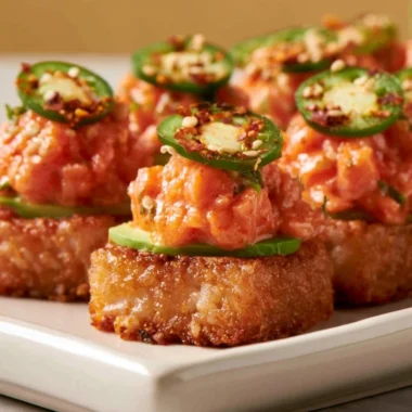 Delicious crispy rice with spicy salmon on top, served in a bowl.
