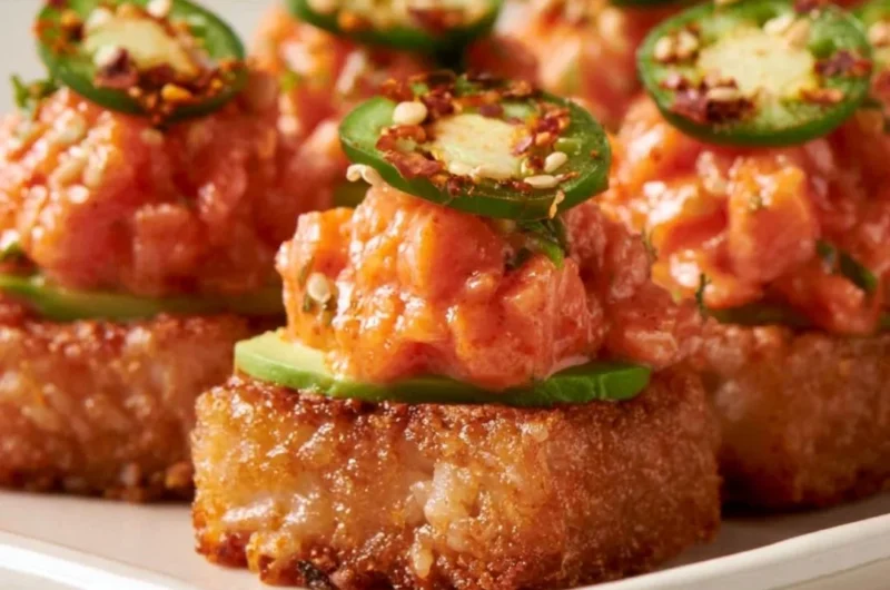 Delicious crispy rice with spicy salmon on top, served in a bowl.