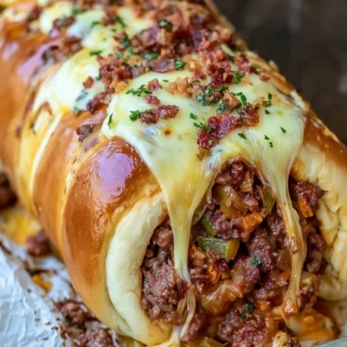 Homemade garbage bread filled with cheese and vegetables on a wooden table