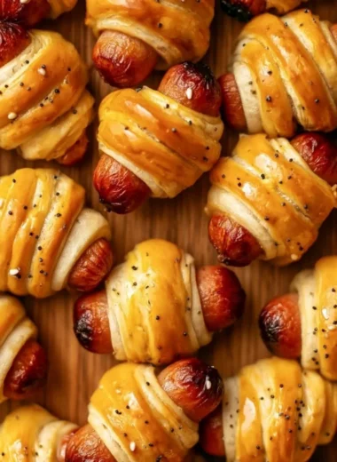 Delicious glazed pigs in a blanket appetizer on a platter.