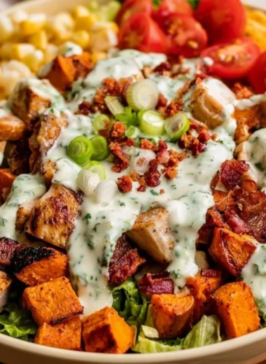 High Protein Chicken Bacon Ranch Sweet Potato Bowl with fresh ingredients.