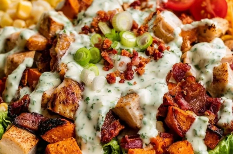 High Protein Chicken Bacon Ranch Sweet Potato Bowl with fresh ingredients.
